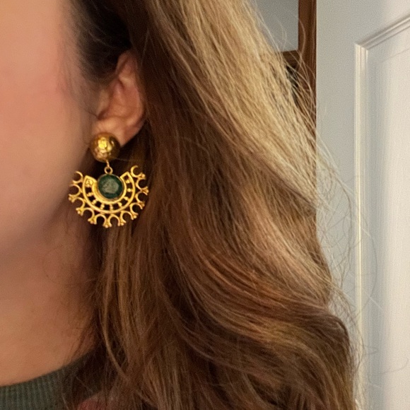 Emerald and Gold Handmade Chandelier Earrings - Picture 5 of 8